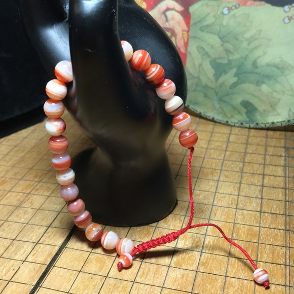 Semiprecious Crystal Stone Banded Carnelian Agate Ball Beads Bracelet 7 to 10”L - Picture 9 of 16